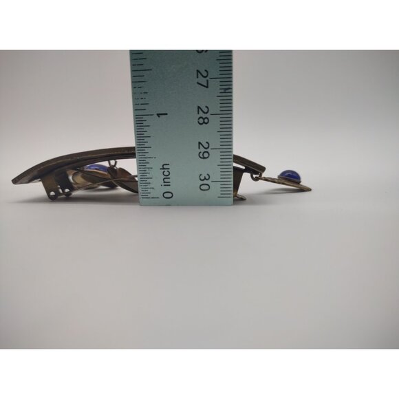 Vintage Rare French Charms Hair Barrette Clip Brass Tone Metal Cobalt Blue Glass main image 10